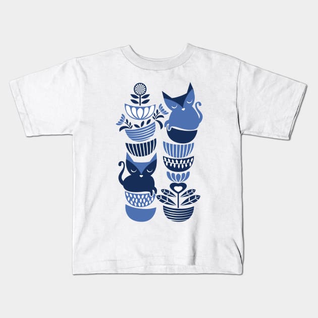 Swedish folk cats I // indigo blue Kids T-Shirt by SelmaCardoso